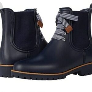 Bernardo Women’s Black Lace Up Rainboot with Gingham Detail